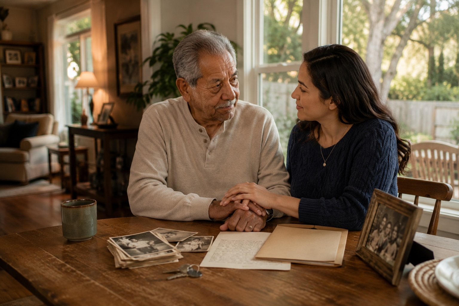 An older parent speaking with an adult child