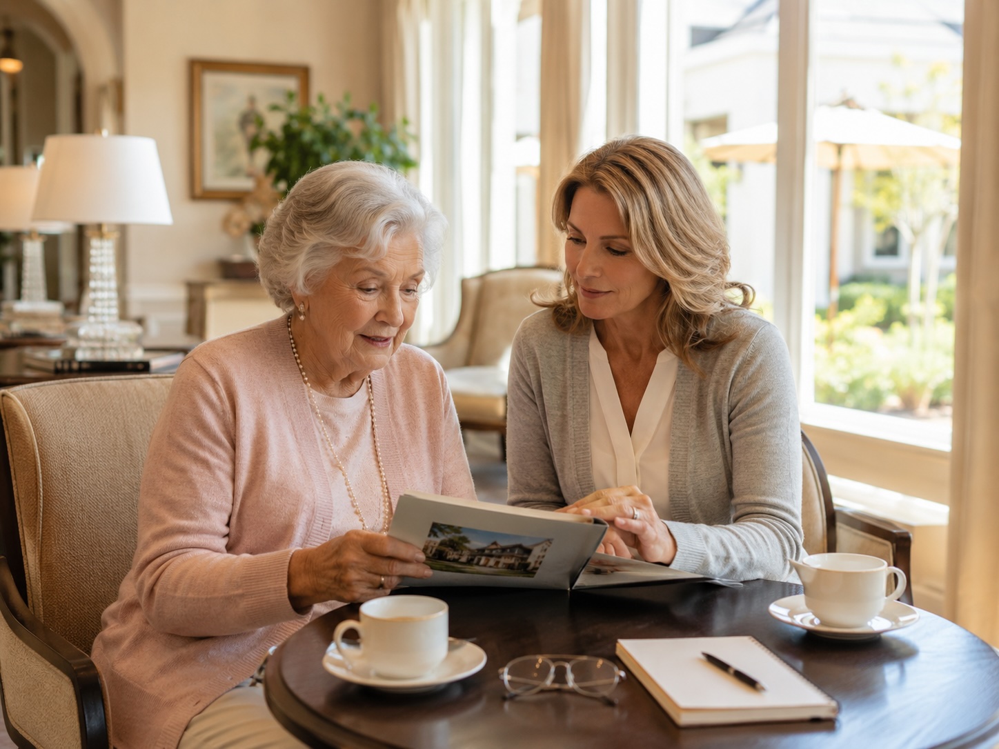 Older mother and adult daughter exploring senior living options together